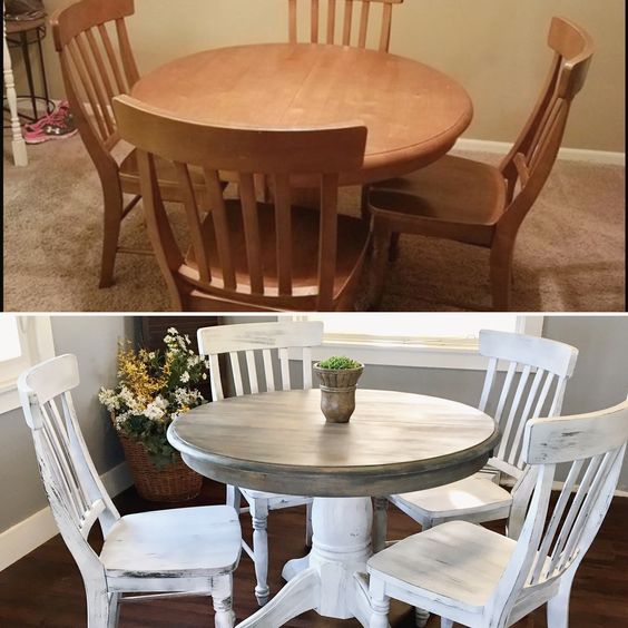 A distressed farmhouse-style dining room set with a table and chairs, exuding rustic charm