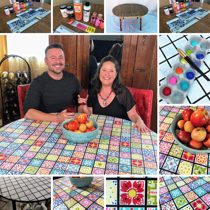  A table with a stenciled tile design, adding a decorative touch to the surface