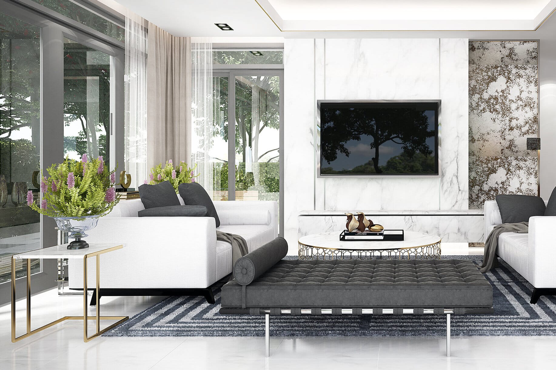 A contemporary living room with white furniture and a large TV, showcasing the impact of Light Reflectance Values on color appearance