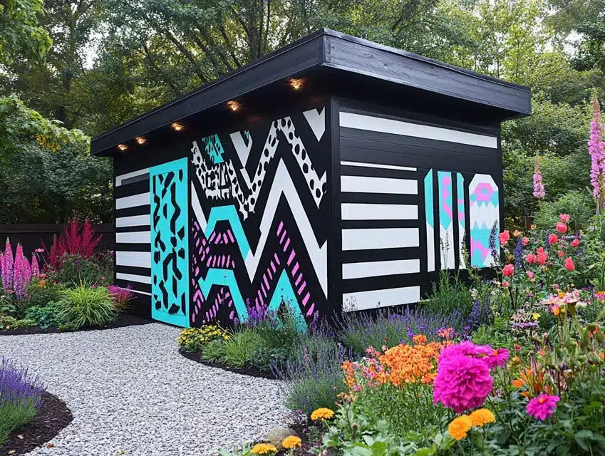 Black Shed with Geometric Patterns