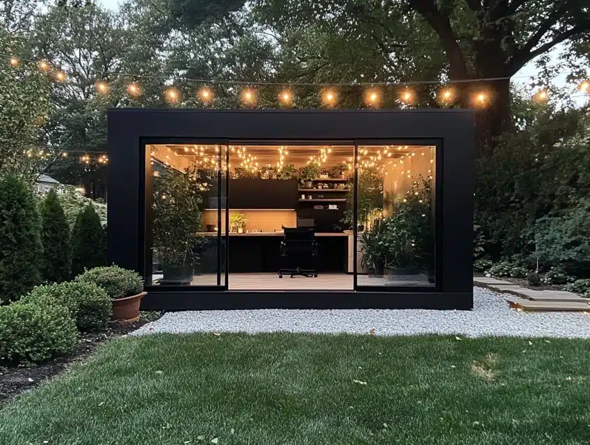 Black Shed with Glass Sliding Doors