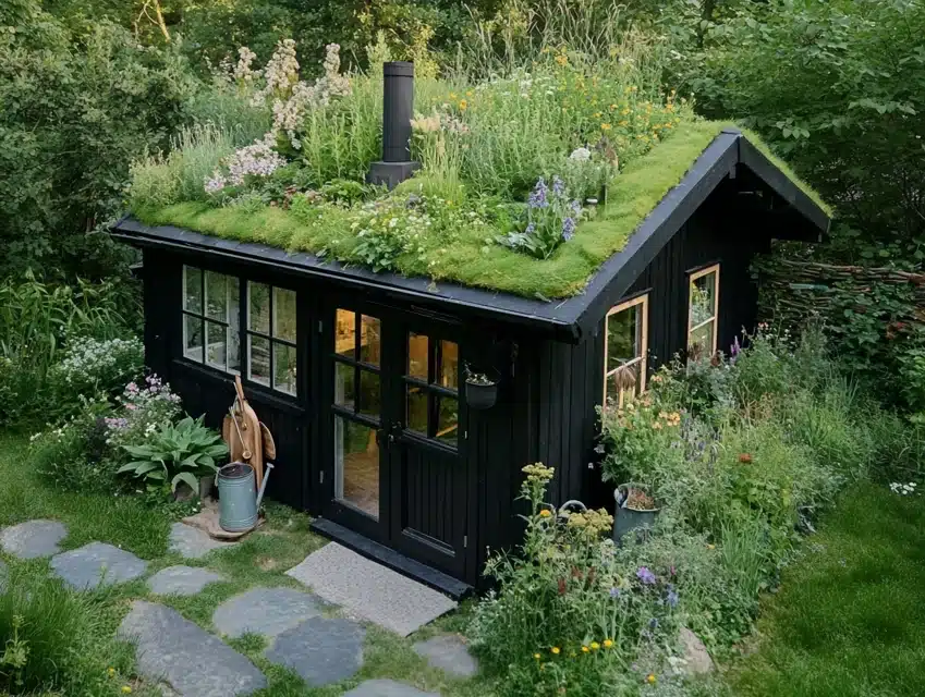 Black Shed with Green Roof