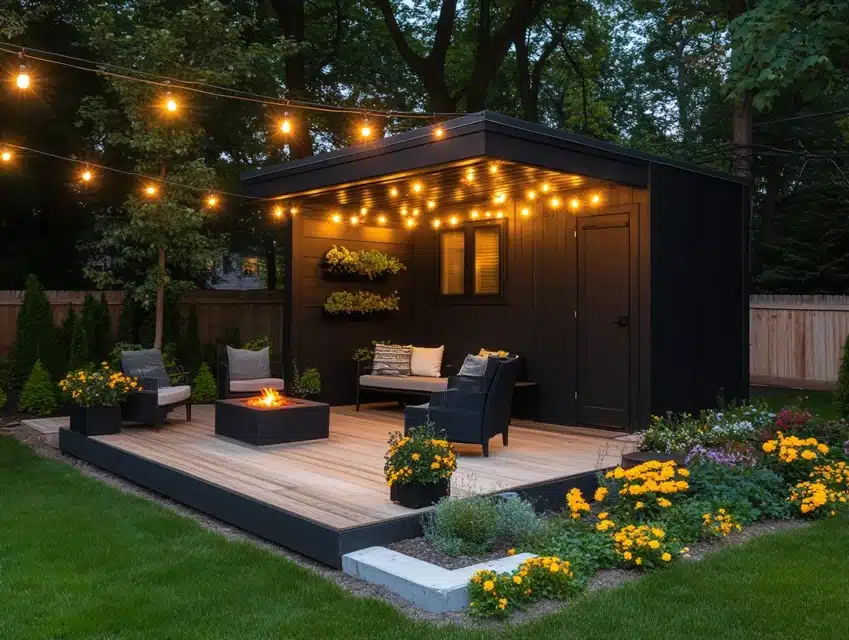 Black Shed with Outdoor Seating