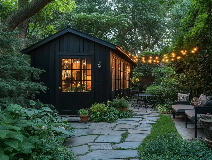 Black Shed with String Lights