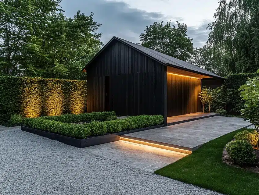 Black Shed with Vertical Wood Paneling