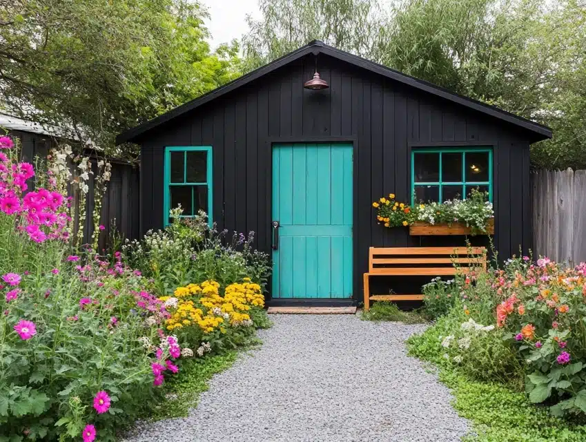 Black Shed with Vibrant Door