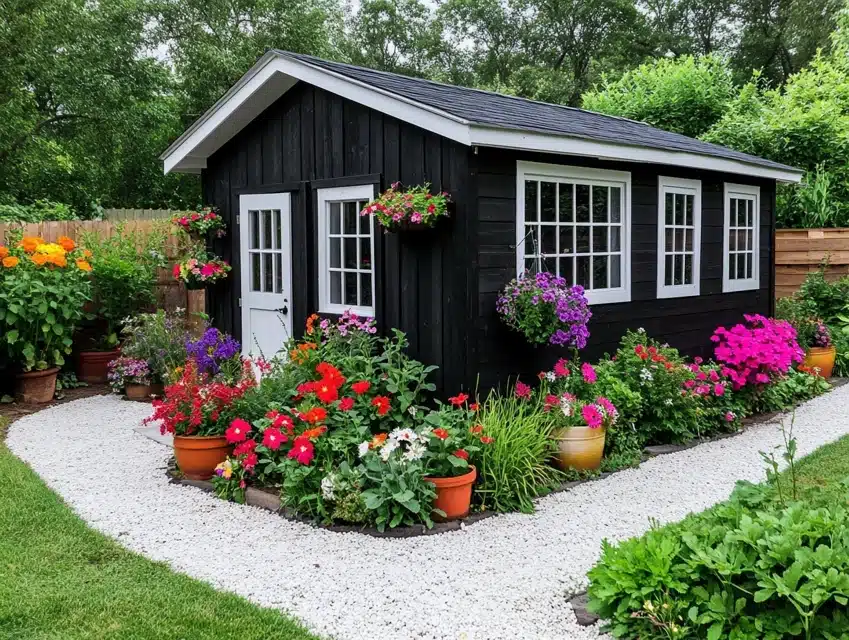 Black Shed with White Trim