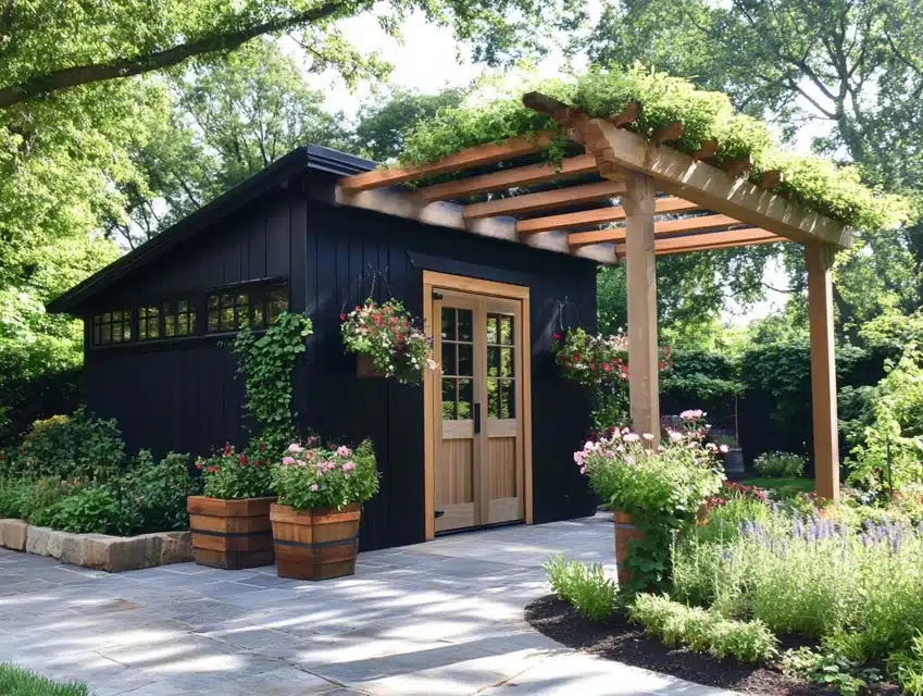 Black Shed with Wooden Accents