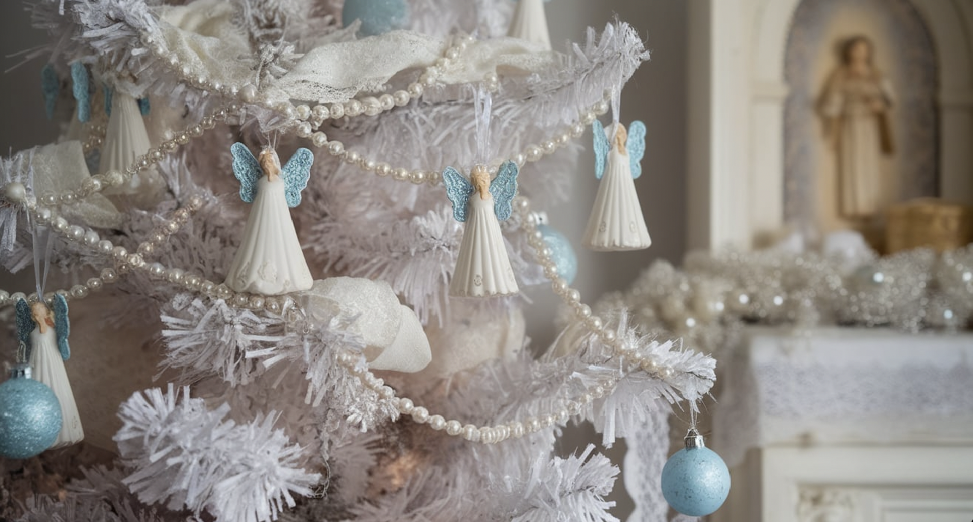 Blue Angel Ornaments and White Lace Ribbons