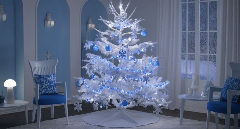 Blue Globe Lights and Snowflake Garlands