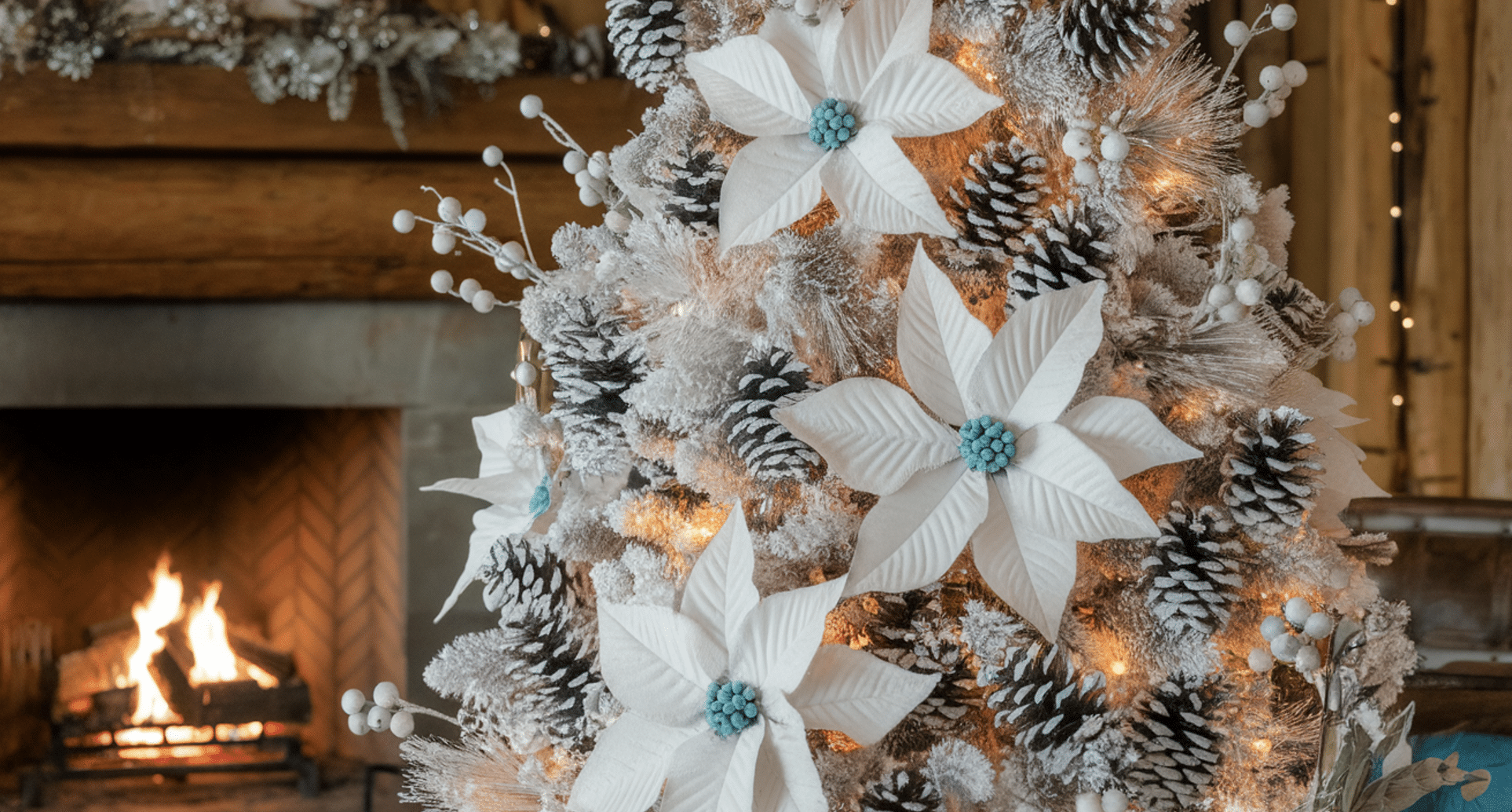 Blue Pinecones and White Poinsettias