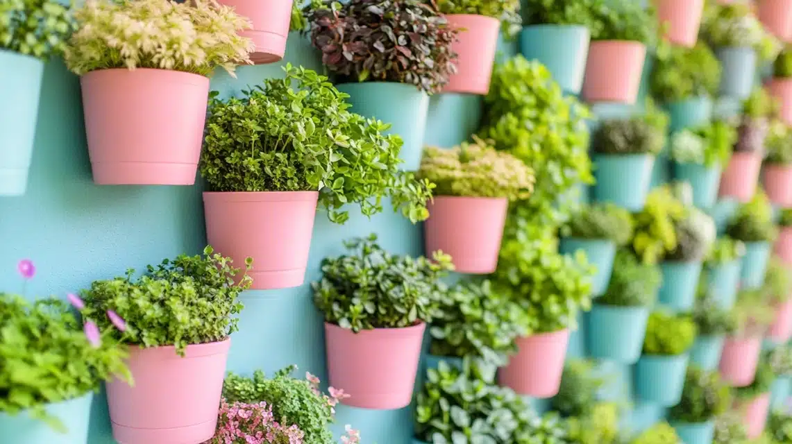 Vertical Garden Wall with Pink Pots