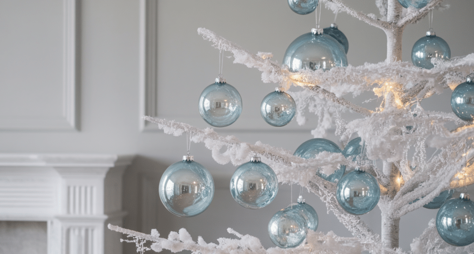 White Tree with Blue Glass Baubles