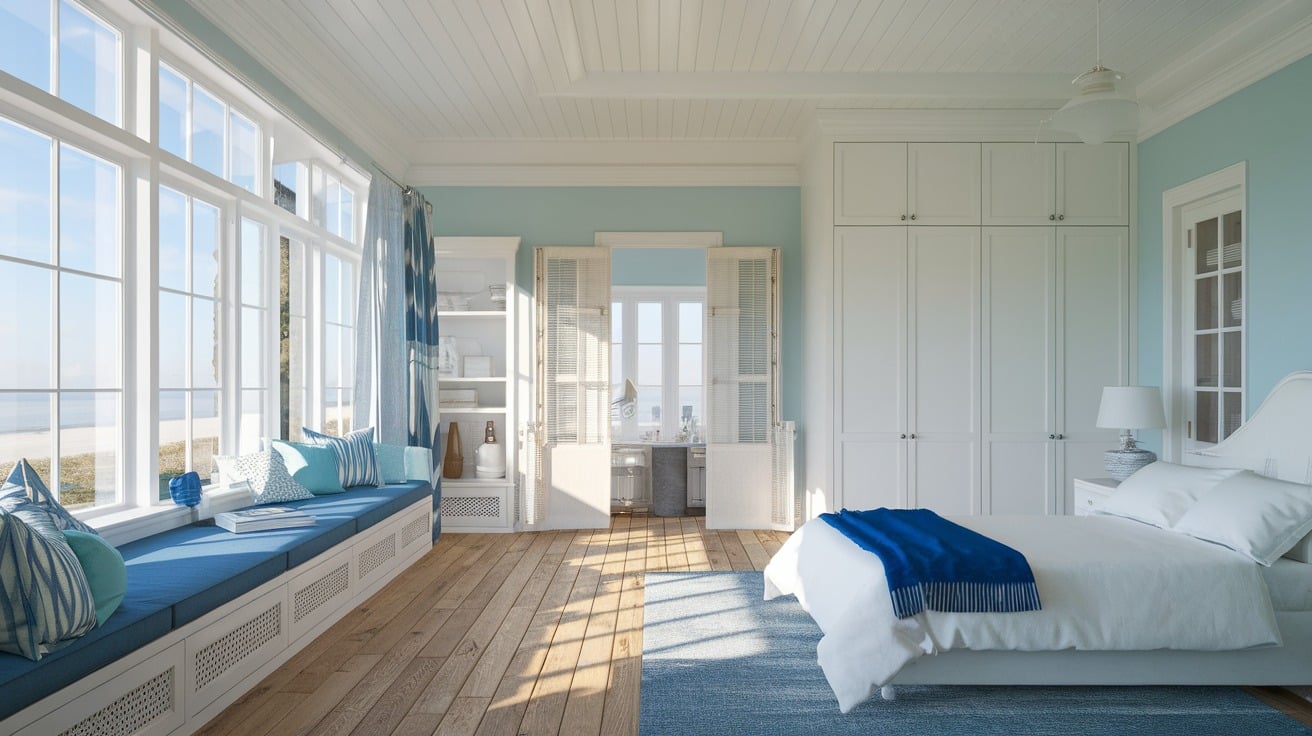 Coastal Bedroom with Large Windows