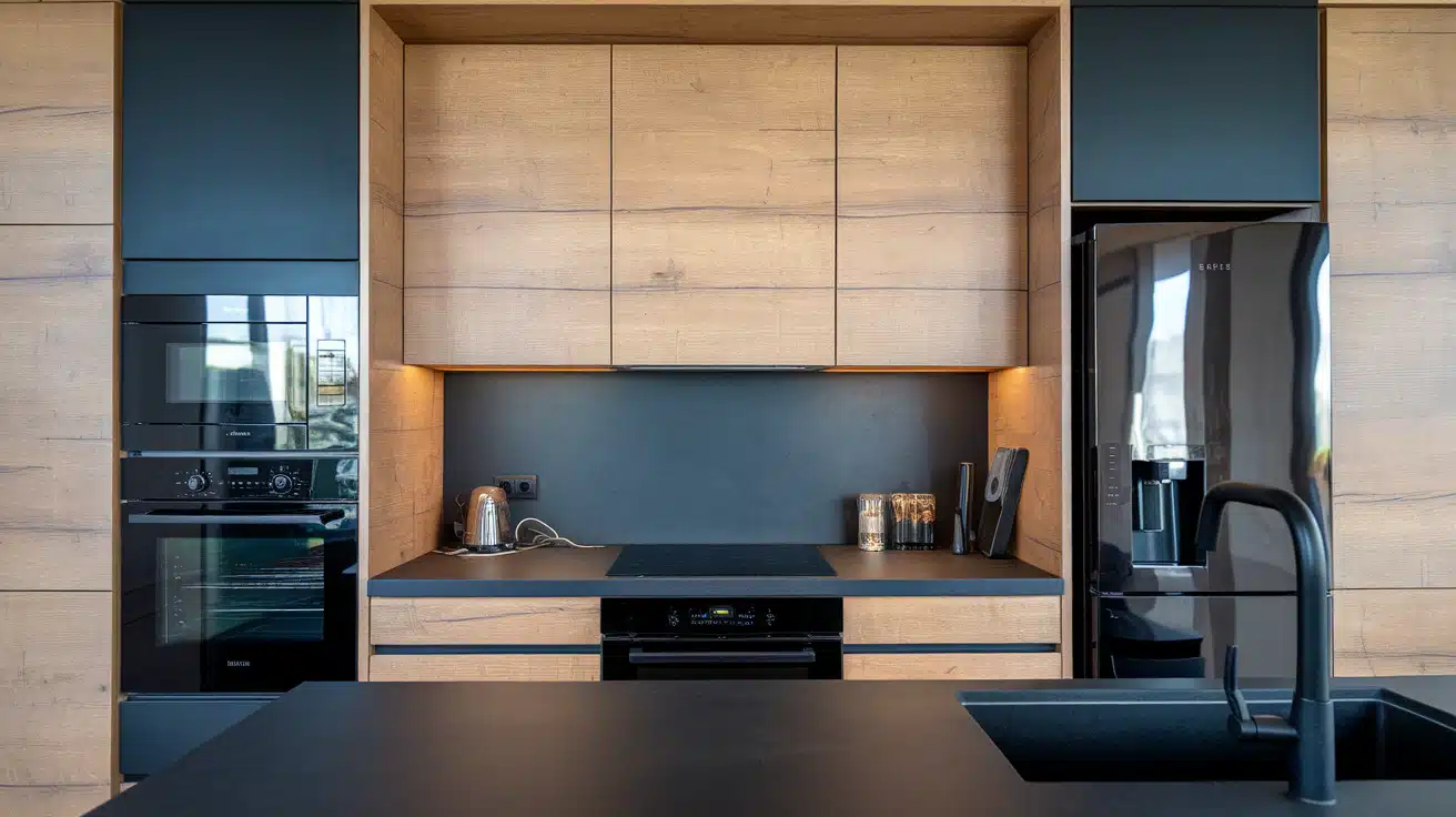 Combine Matte Black Appliances with Light Oak Cabinetry