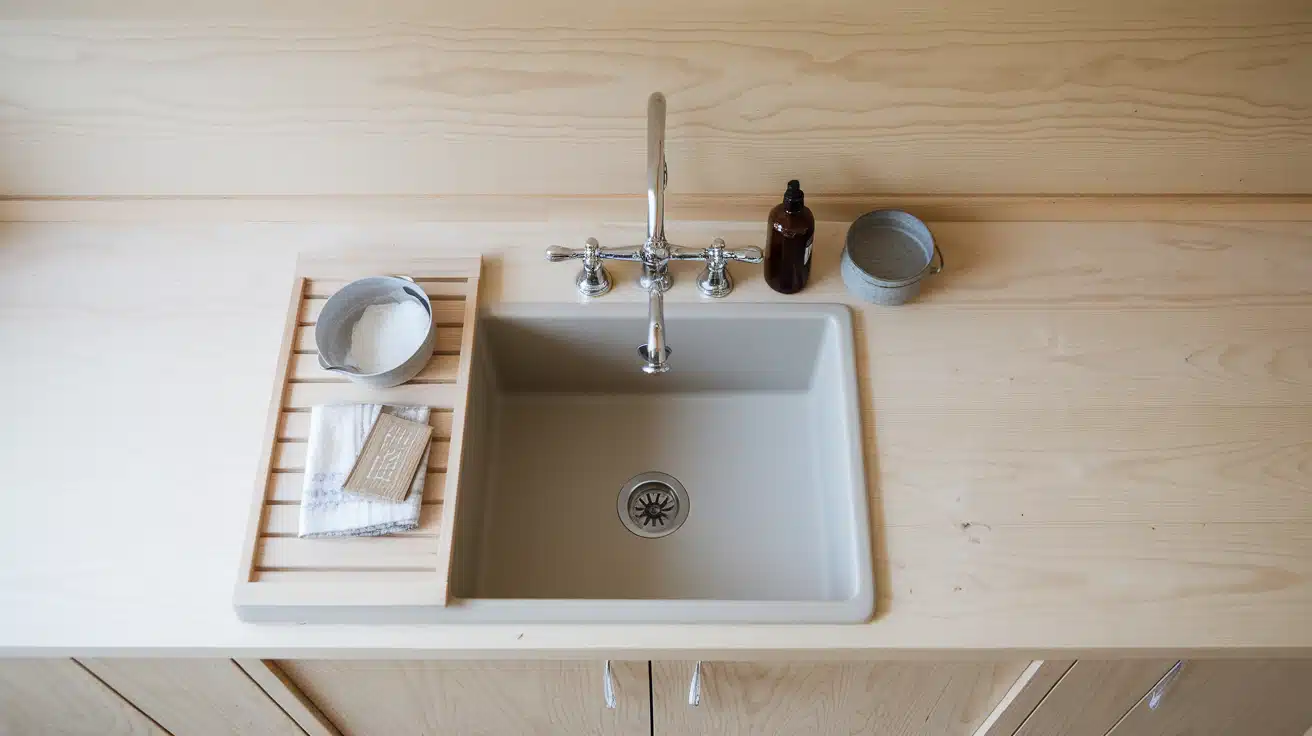 Combine a Neutral-Colored Sink with a Wooden Countertop