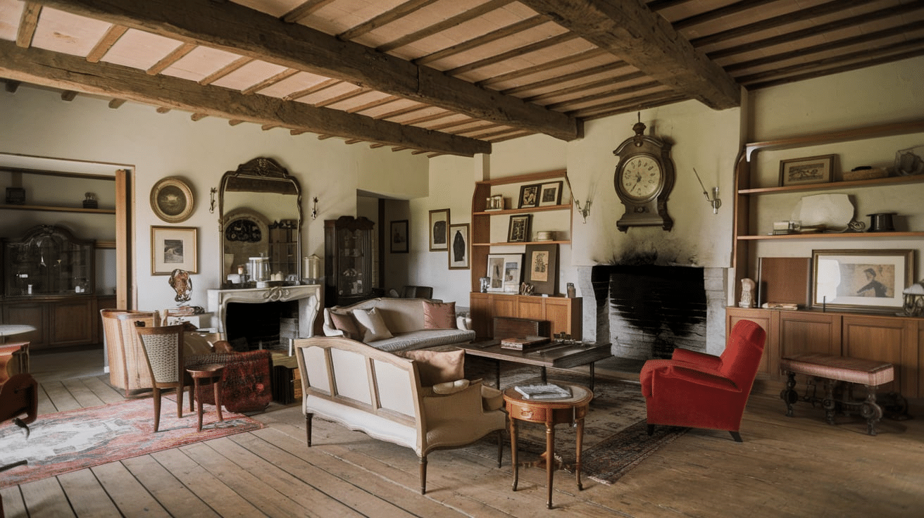 French Living Room with Wood & Stone Work