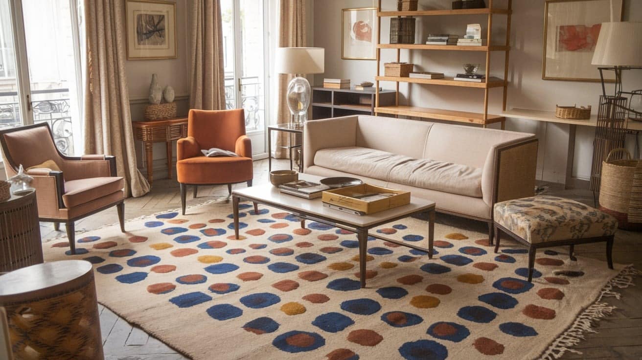 French Living Room with a Bold Rug