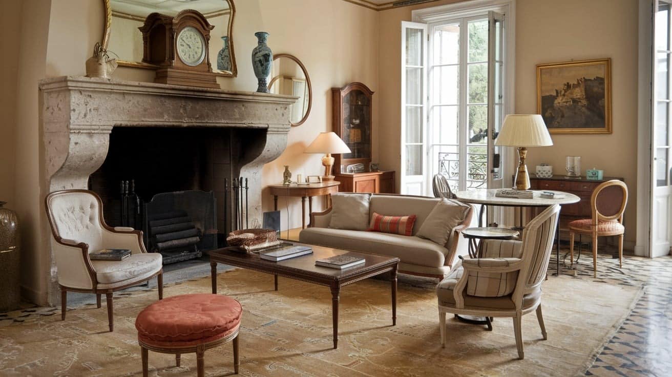 French Living Room with a Fireplace Mantel