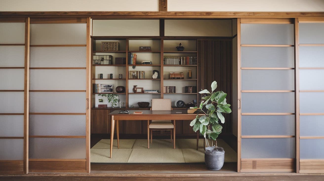 Japandi Office with Sliding Doors for Privacy