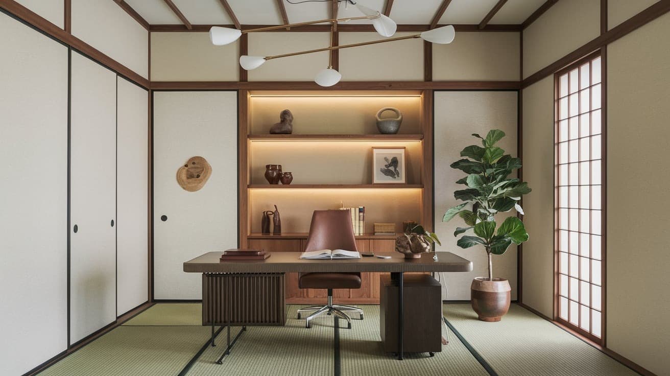 Japandi Office with Soft Lighting for Ambiance