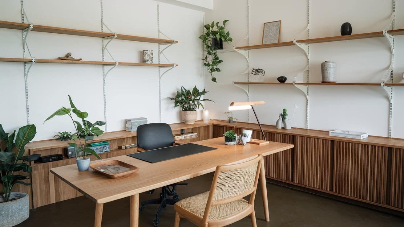 Japandi Office with Wooden Accents for Warmth