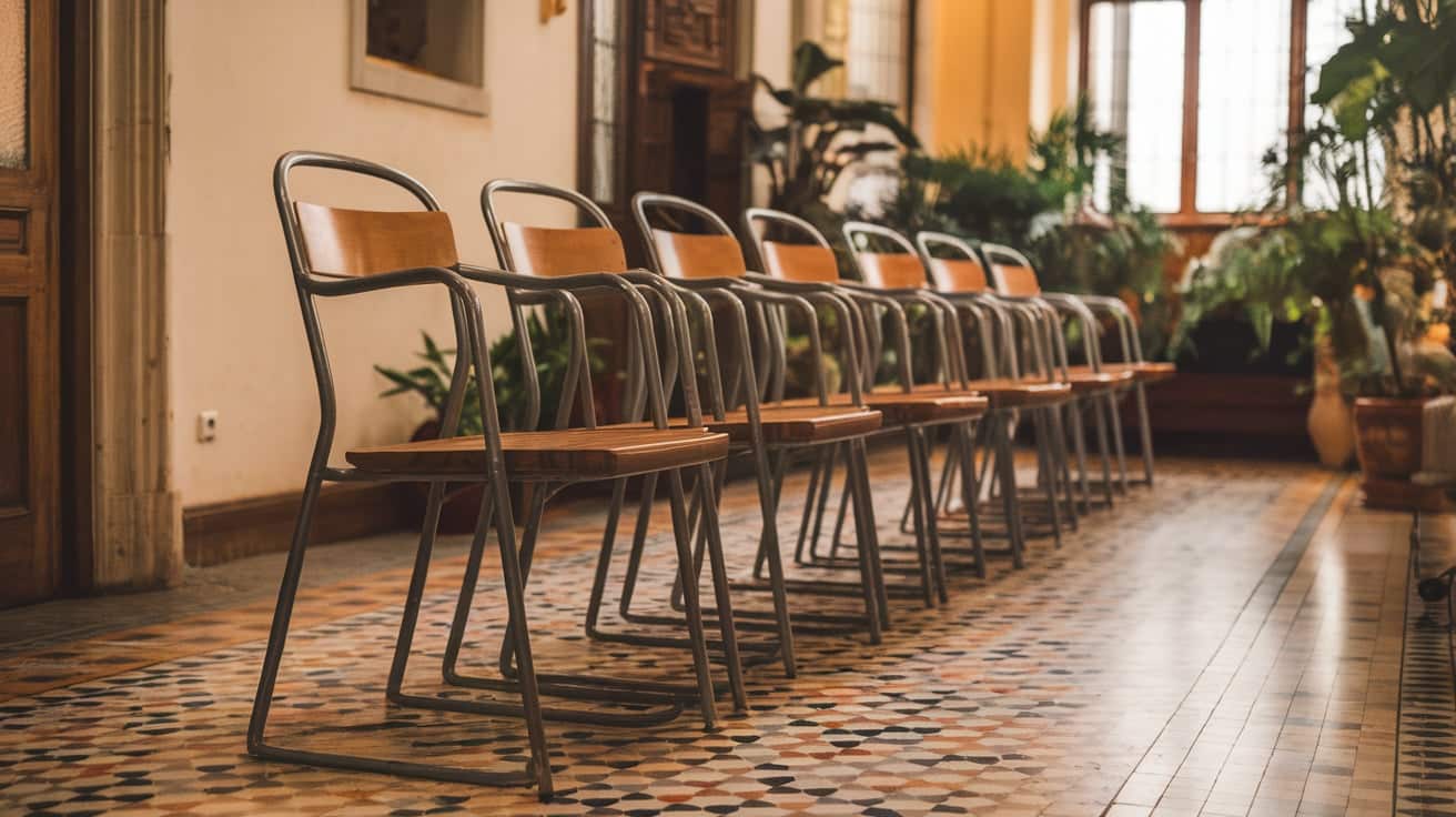 Metal-Framed Chairs with Wooden Seats