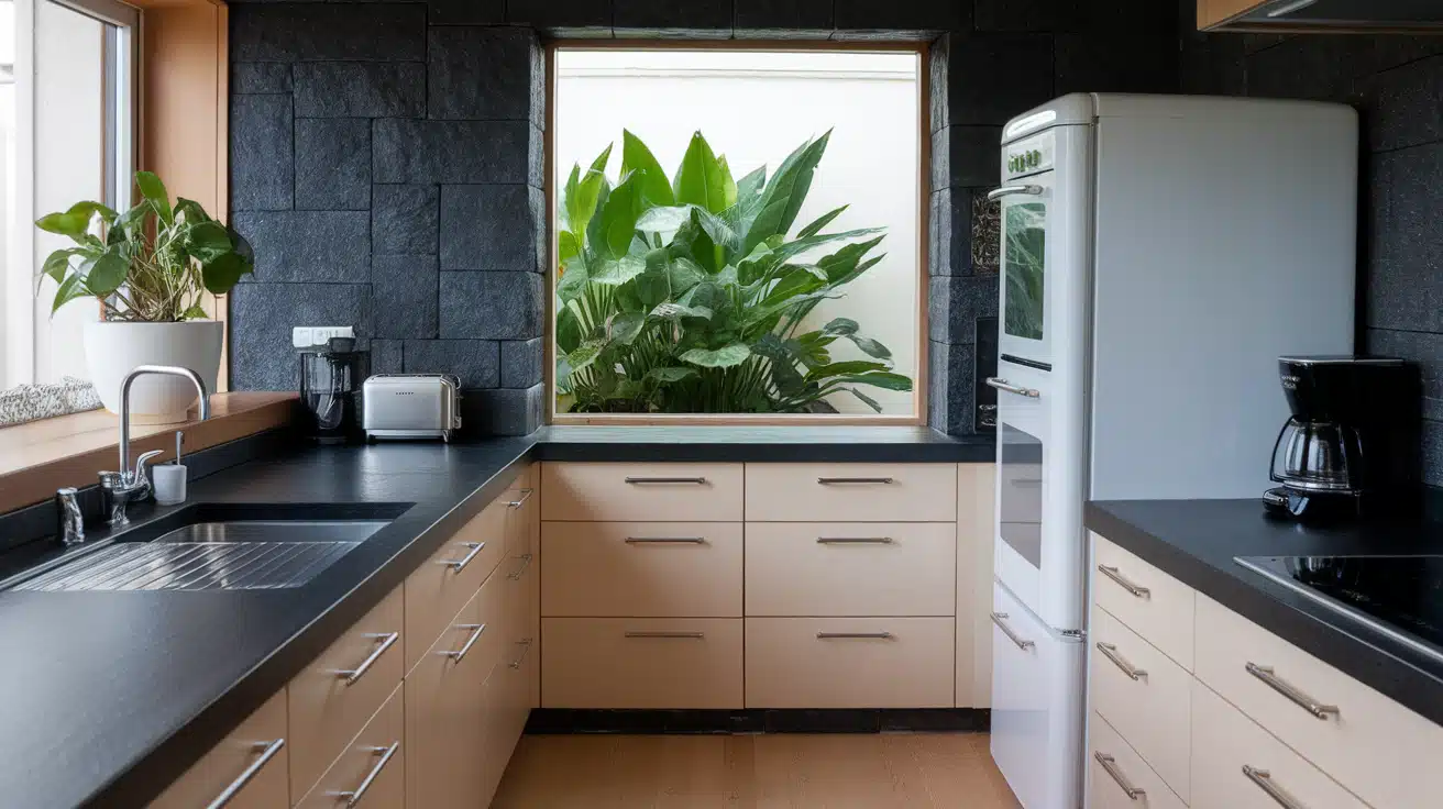 Mix Dark Stone Countertops with Light-Colored Cabinets