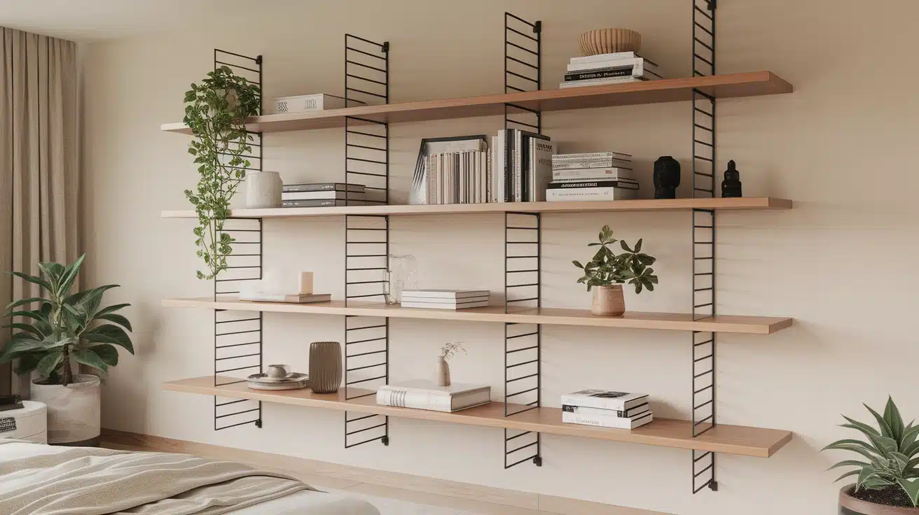 Multi-Tiered Shelving with Wood and Metal Accents