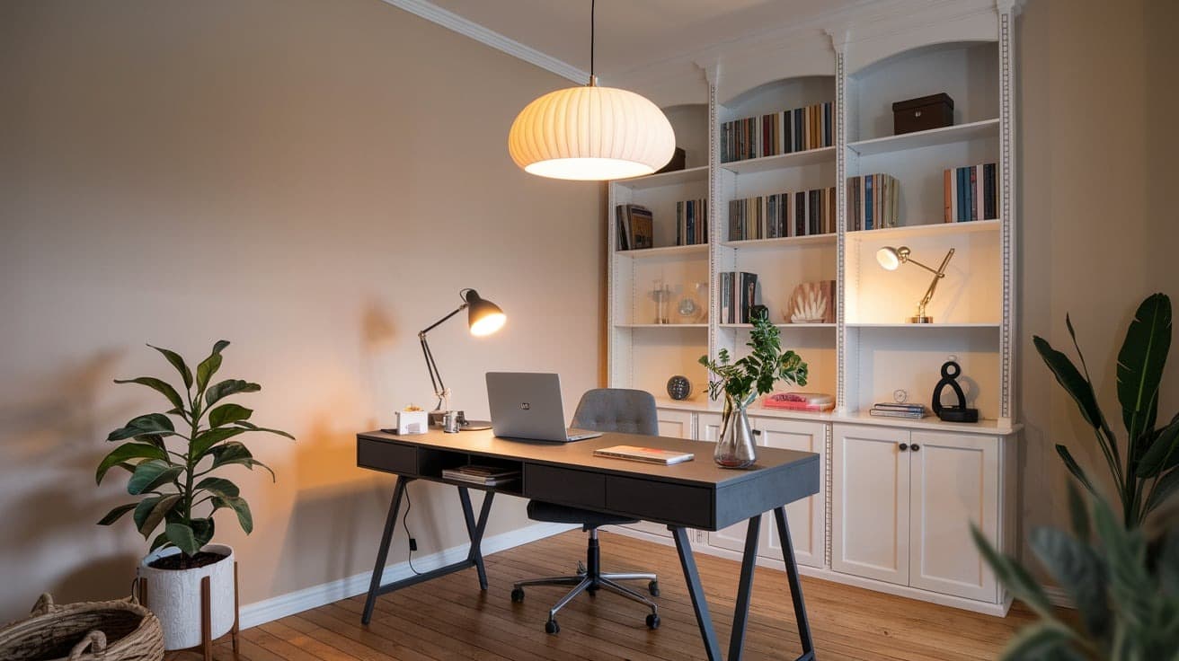 Scandinavian Home Office with Modern Lighting