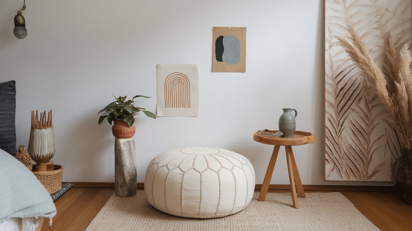 Upholstered Poufs in Cream or Beige