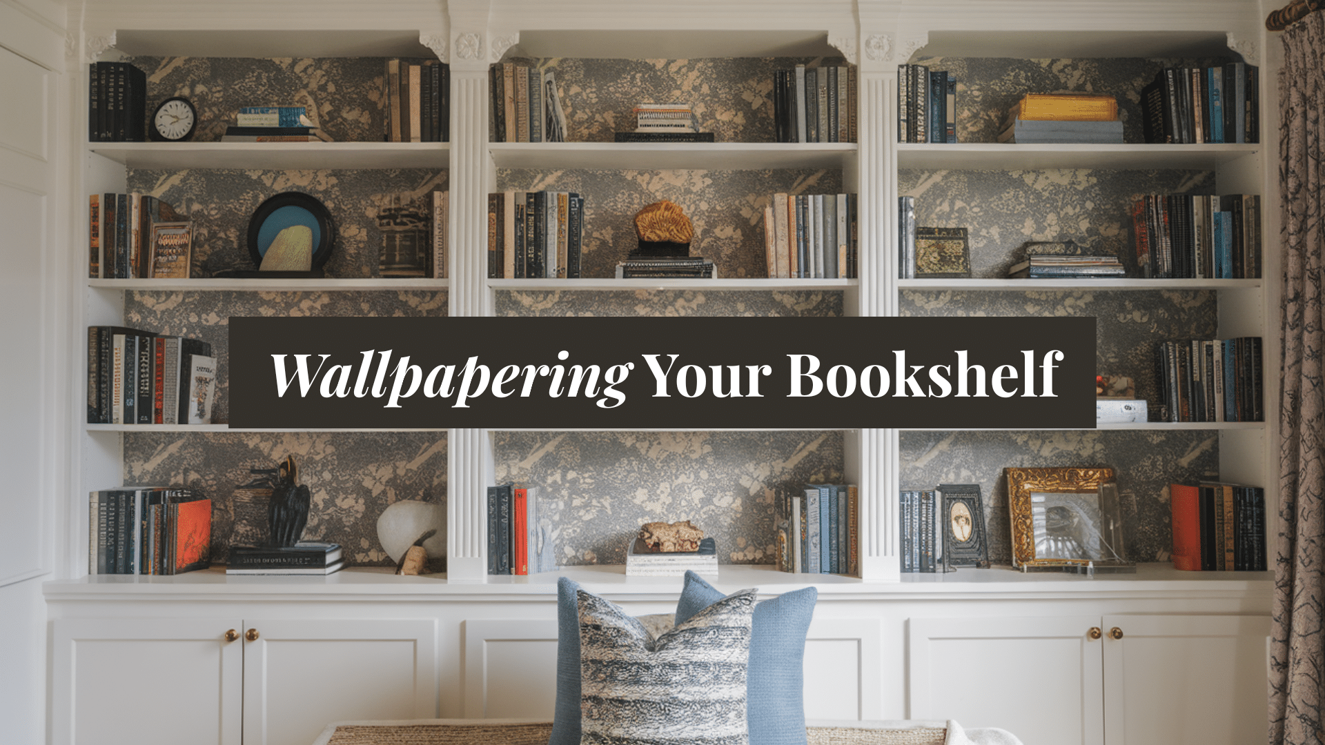 wallpapered bookshelf