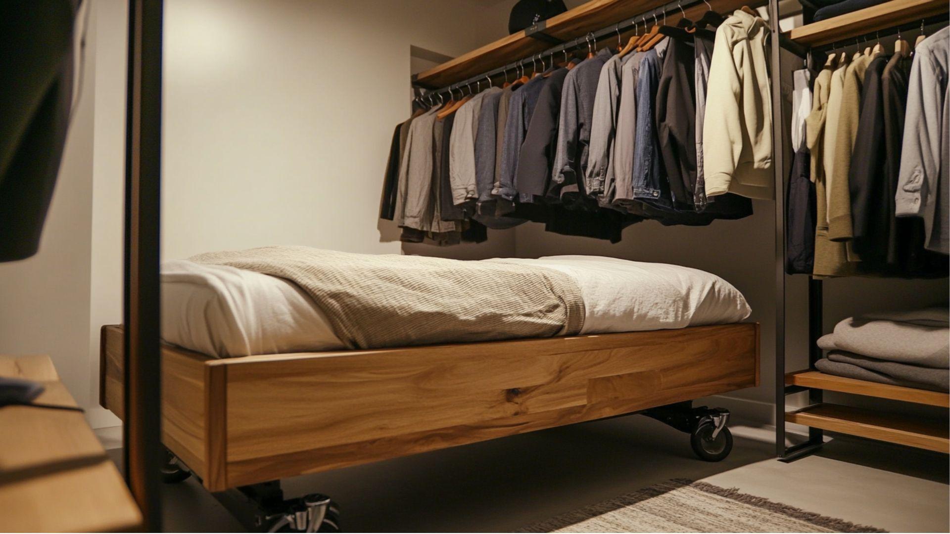 Bed_on_Rolling_Platform_Under_Hanging_Clothes