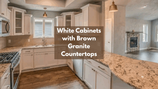 white cabinets with brown granite countertops