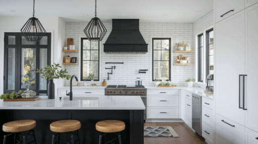 white kitchen cabinets with black hardware