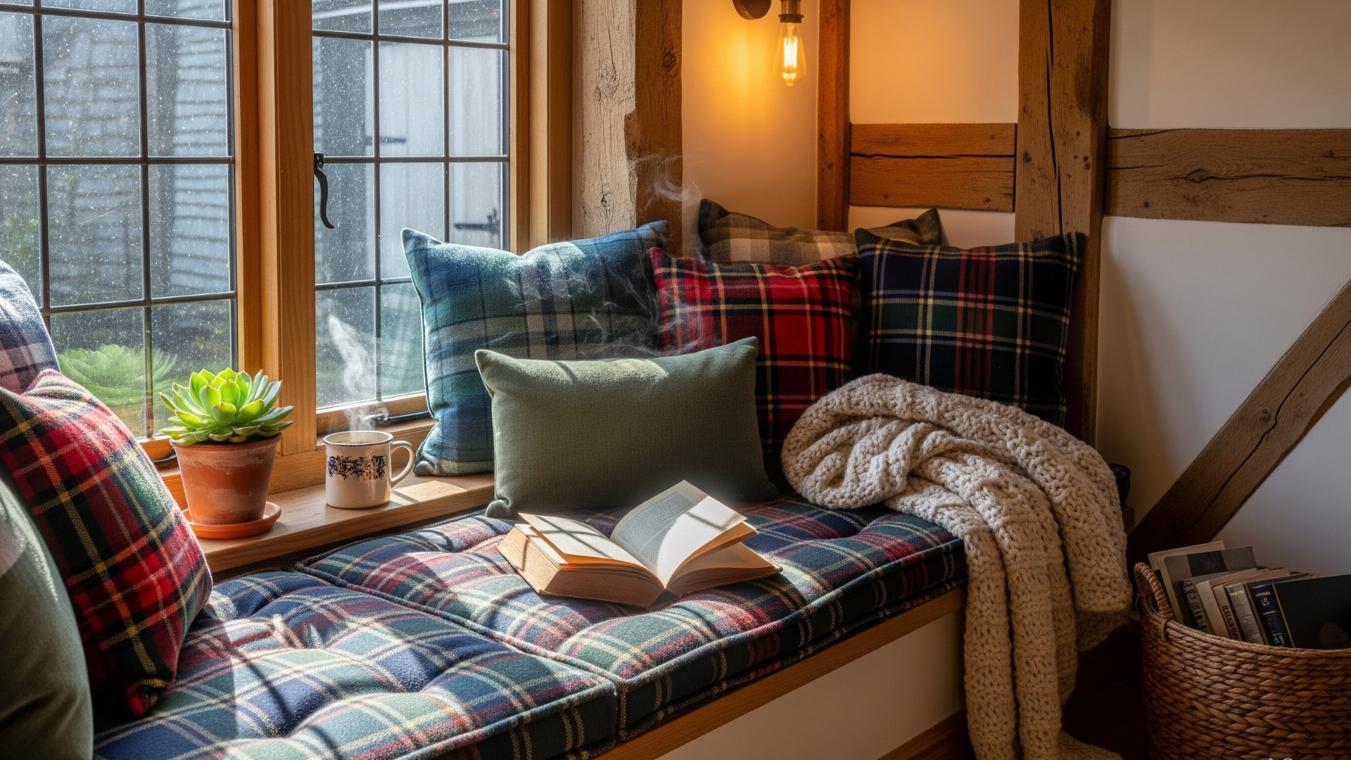 Cozy Window Reading Nook with Plaid Cushions