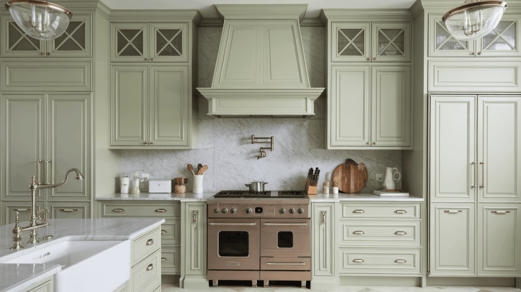 Crown-Molded Sage Green Cabinetry
