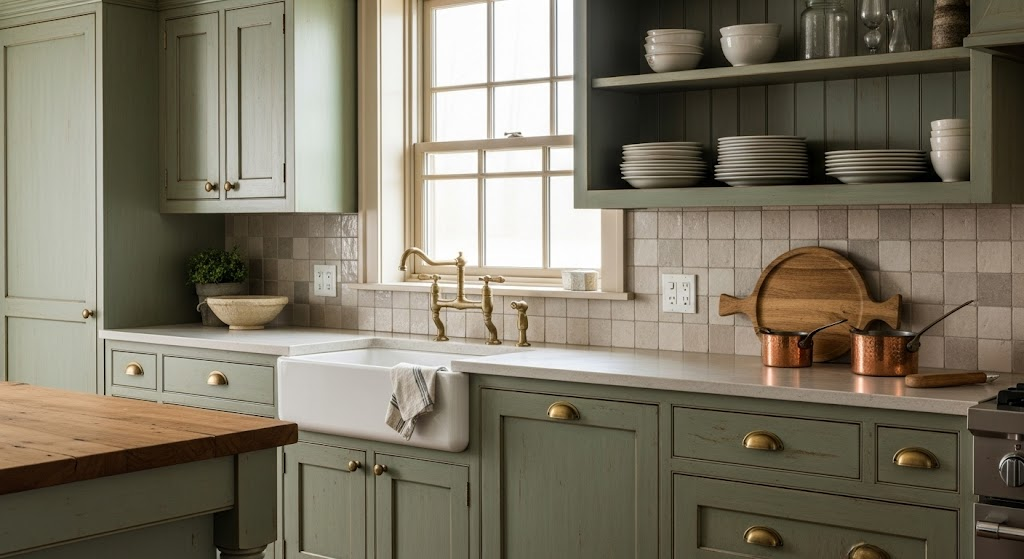 Distressed-Sage-Cabinets-with-Brass-Pulls