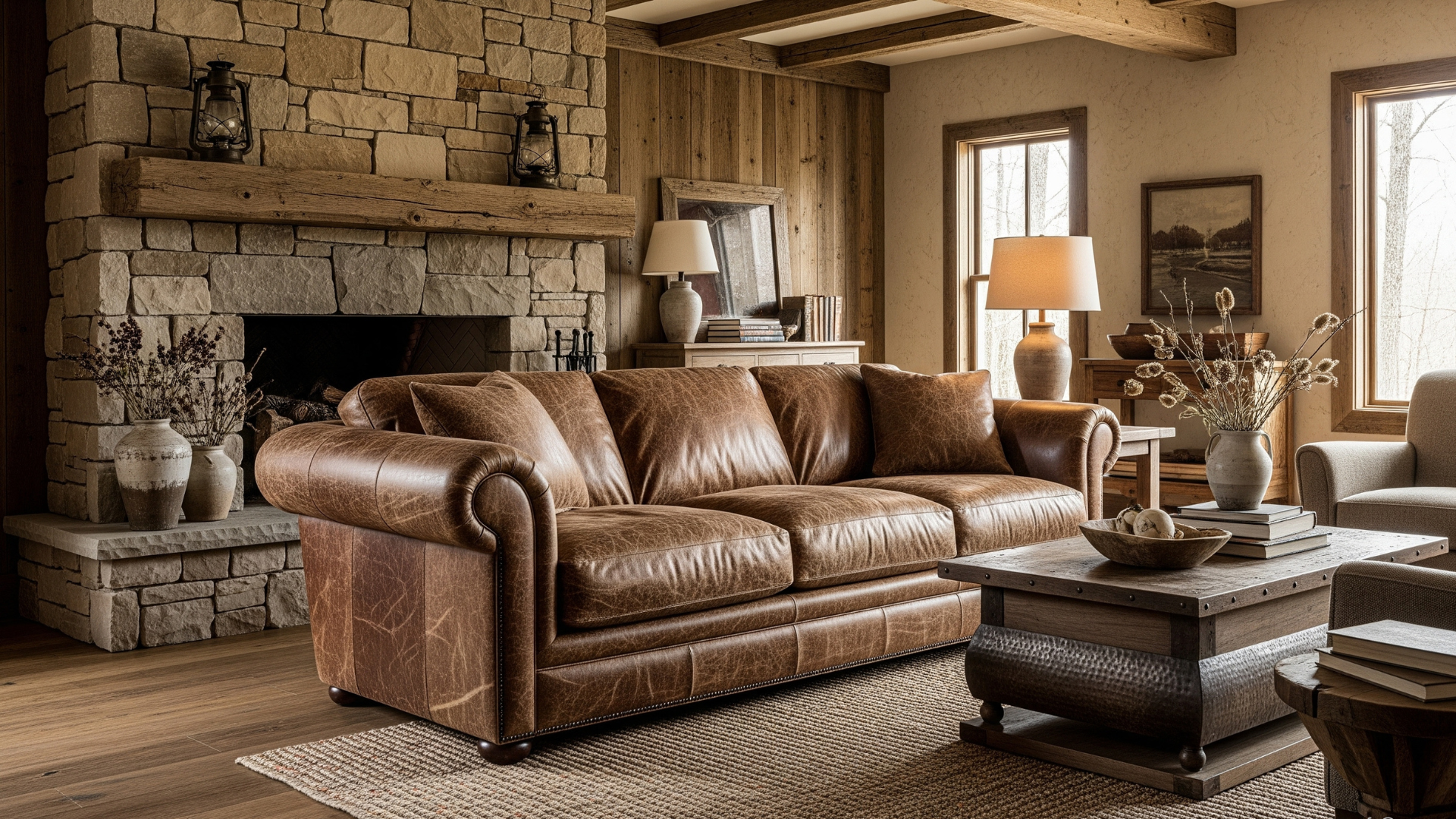 Distressed Leather Sofa in Living Room