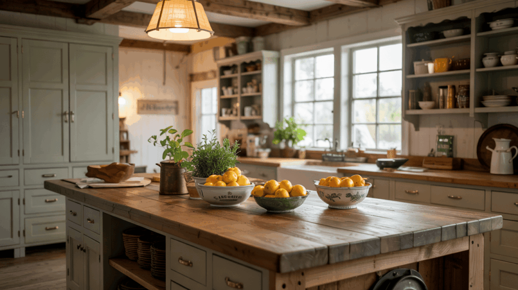 Exposed Beams and Sage Base Cabinets