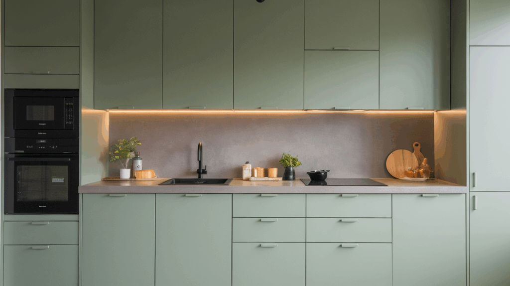 Handleless Sage Cabinets With Built-Ins