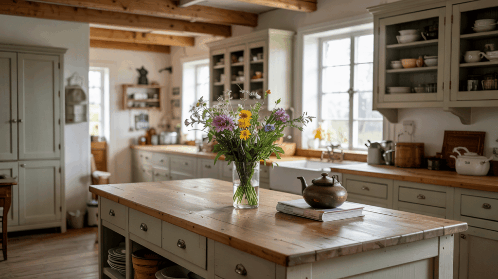 Pine Ceiling Over Sage Cabinetry