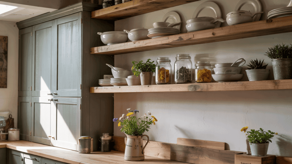 Reclaimed Wood Shelving and Sage Lowers