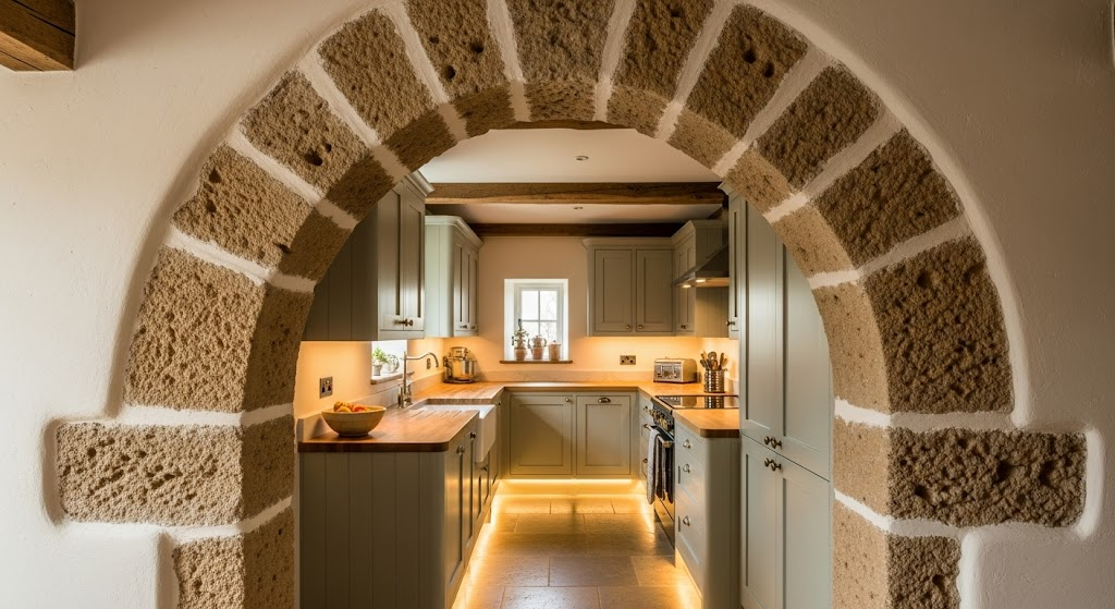 Rustic-Arch-Entry-with-Sage-Galley-Kitchen