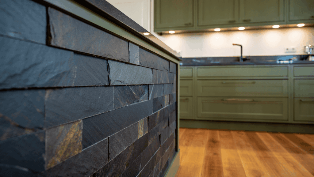 Slate Backsplash and Sage Cabinets
