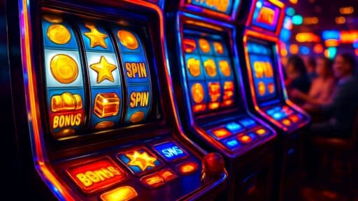 A casino floor with colorful slot machines showing winning combinations and bonus spin icons, with players in the background.