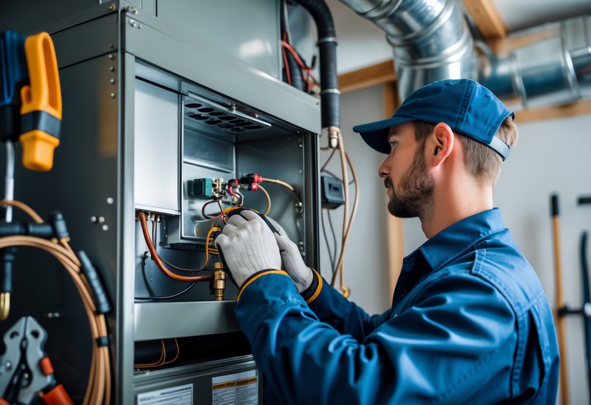A technician inspecting the pilot light area of a gas furnace inside a utility room.
