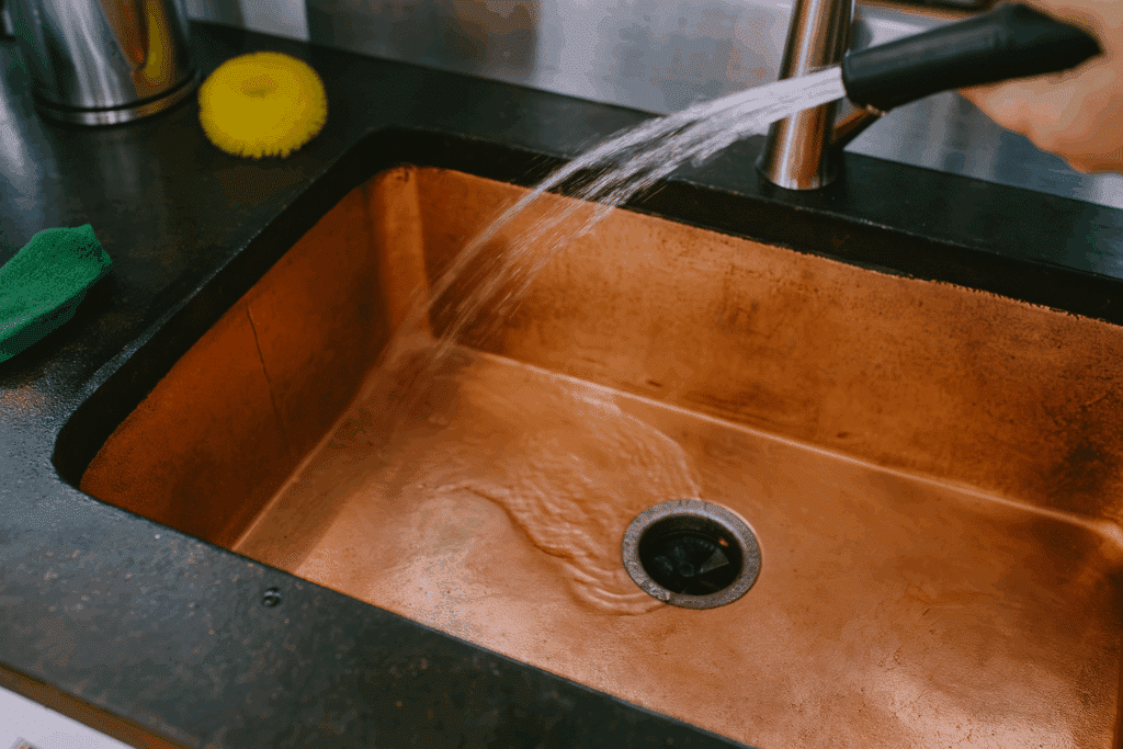 cleaning-the-copper-sink-after-scrubbing