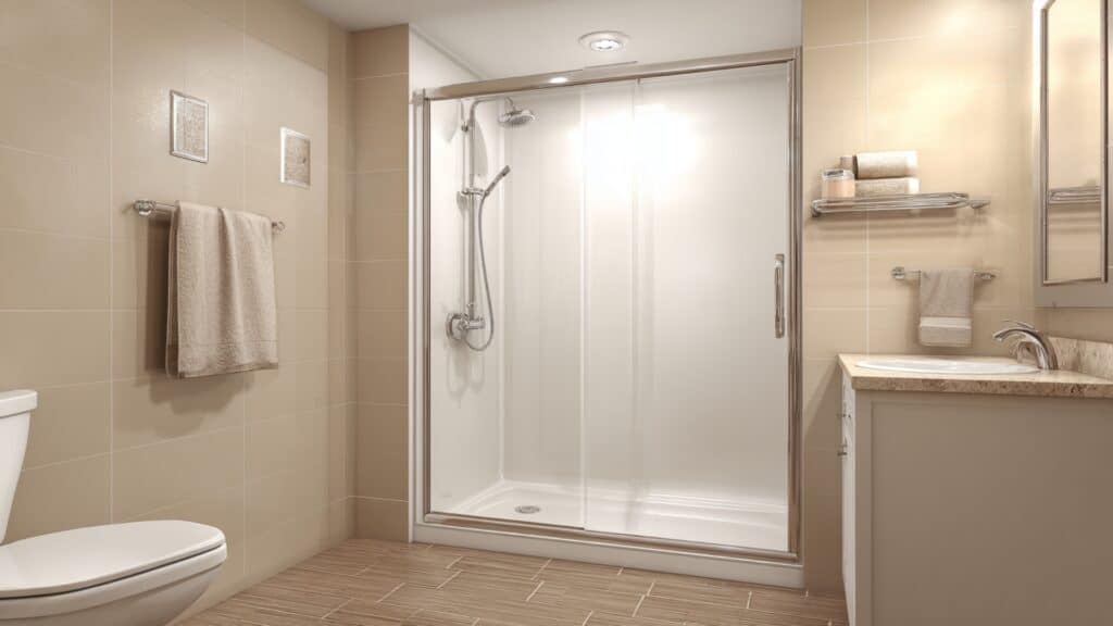 Beige Fiberglass Shower Wall Panels In Small Bathroom