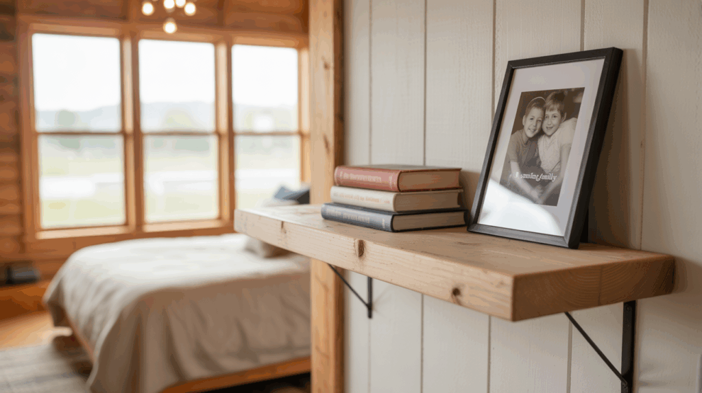 a photograph of a cozy barndominium bed